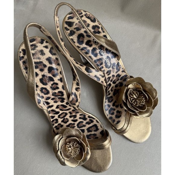 Dolce Gabbana Gold Leather Sandal Size 38.5 Clear Acrylic Heels Cheetah Leopard - Picture 7 of 14